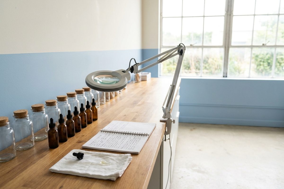 Her consultation room: unlabelled jars, a magnifying lamp and an open notebook