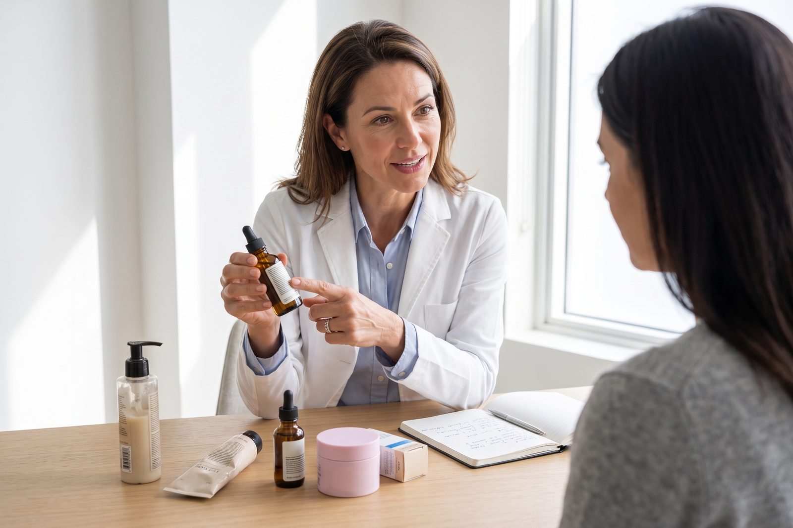 Jessica Hartwell explaining a product to a client across her consulting table