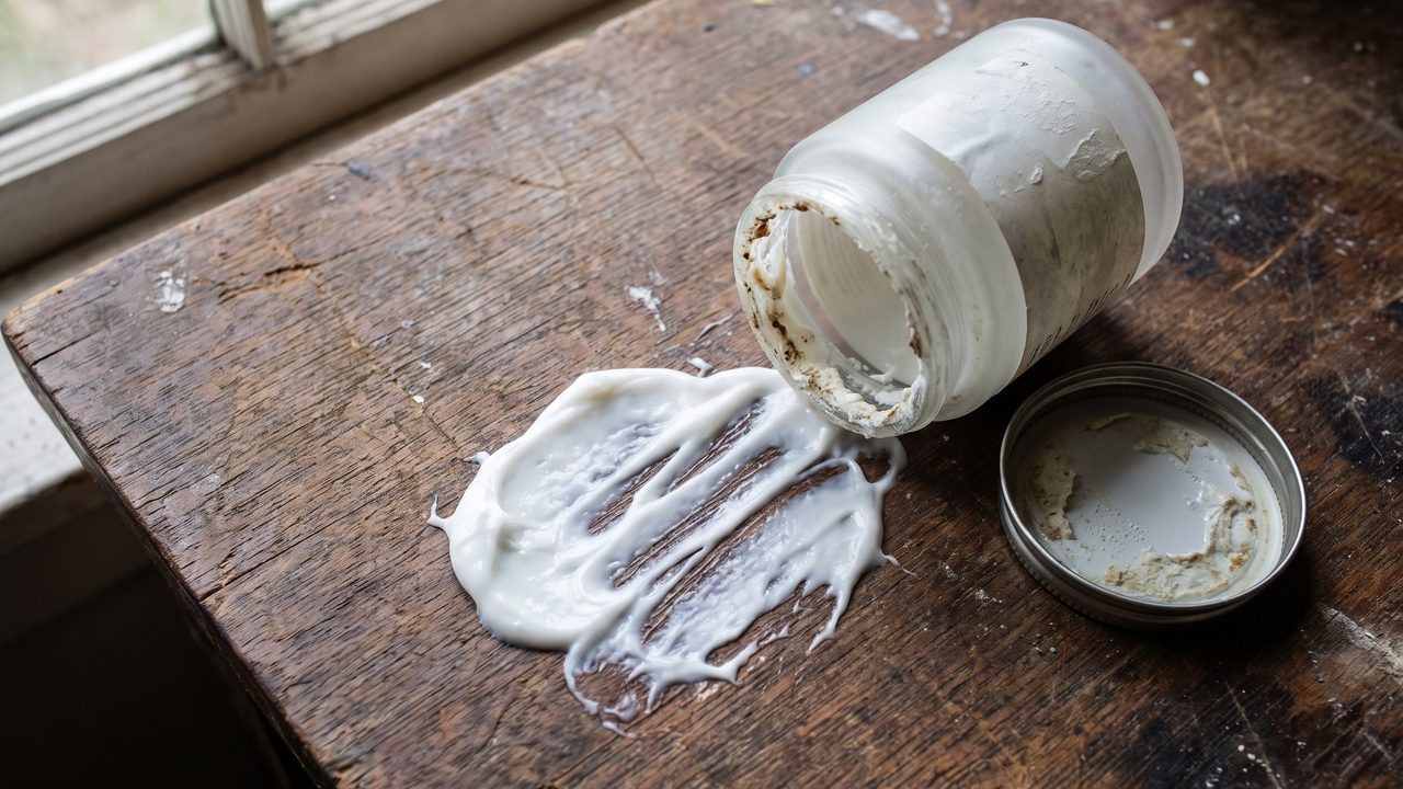A thick white cream smeared across a wooden work table in flat daylight