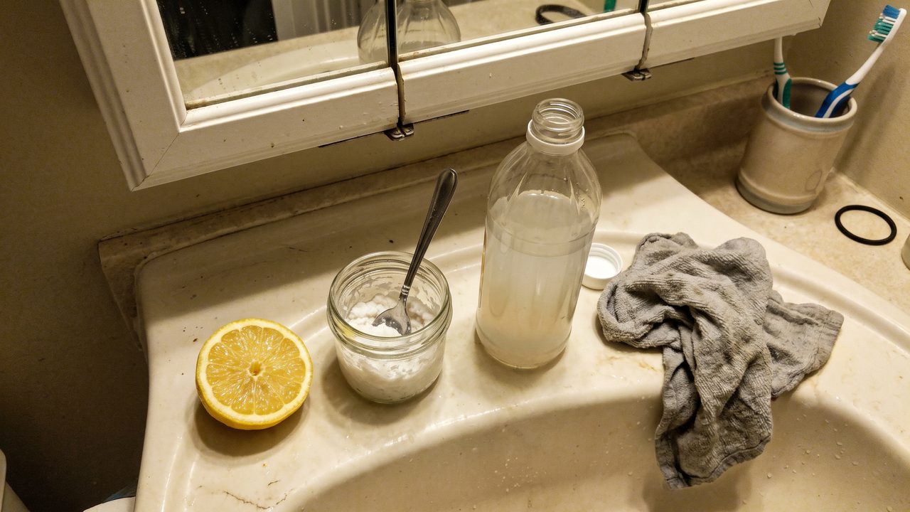Half a lemon, a jar of homemade paste and a bottle of cloudy vinegar on the edge of a bathroom sink