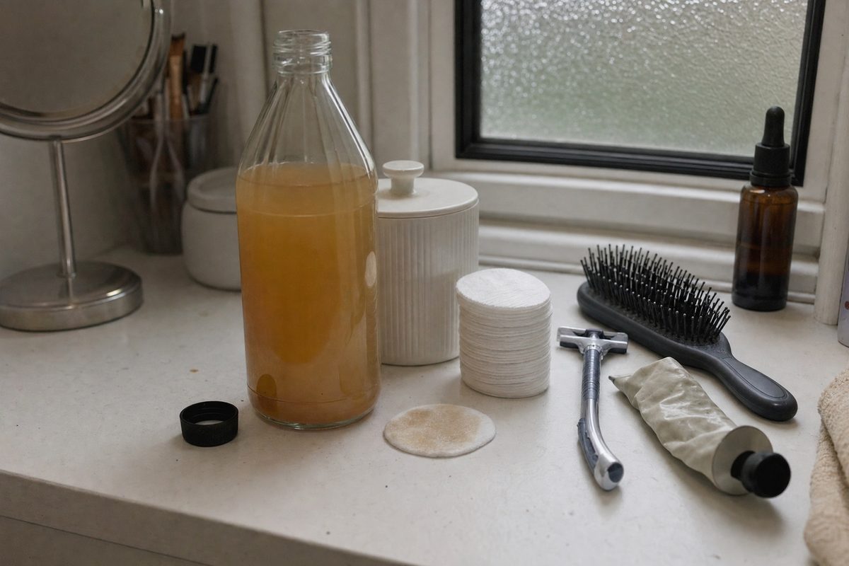 A bottle of cloudy vinegar with its cap off beside a stack of cotton pads on a cluttered bathroom shelf