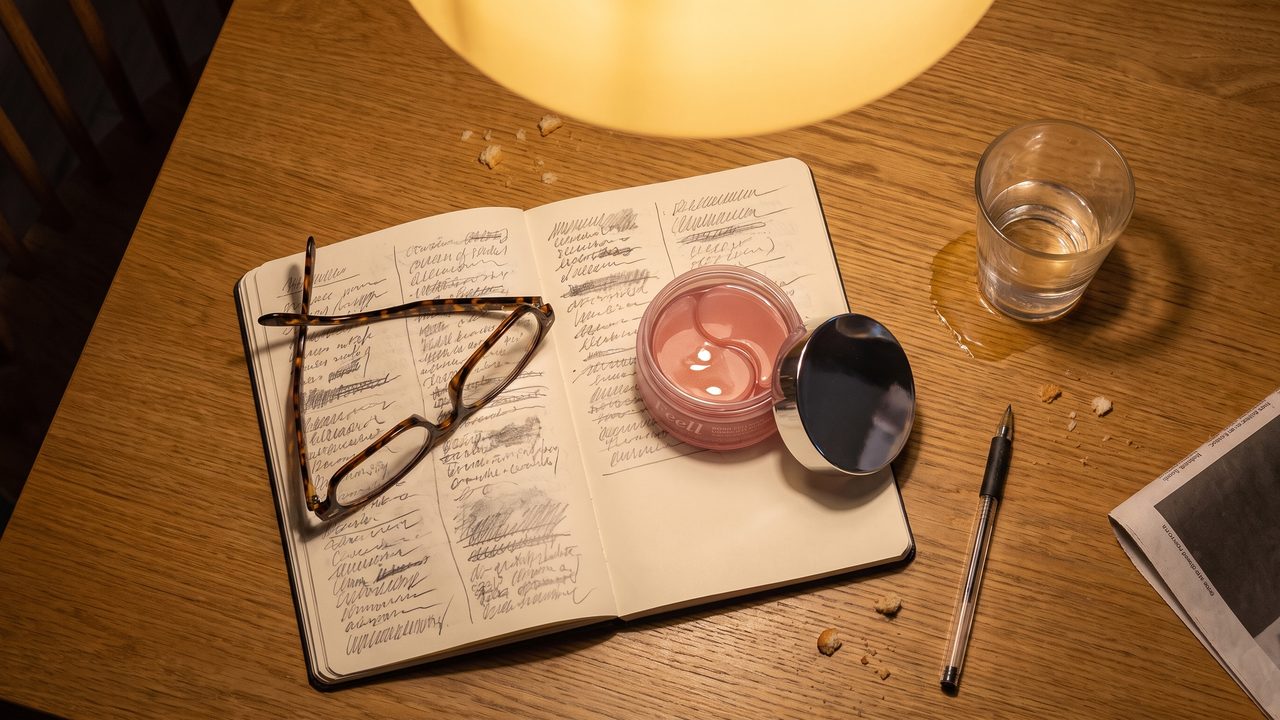 An open handwritten notebook, reading glasses and an open frosted jar of hydrogel eye patches on a kitchen table, photographed from above