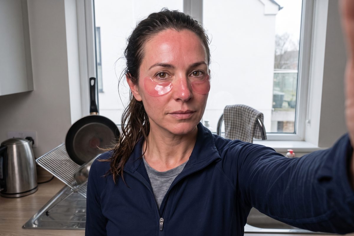 Selfie at a kitchen window in a running jacket with two pink hydrogel patches under the eyes
