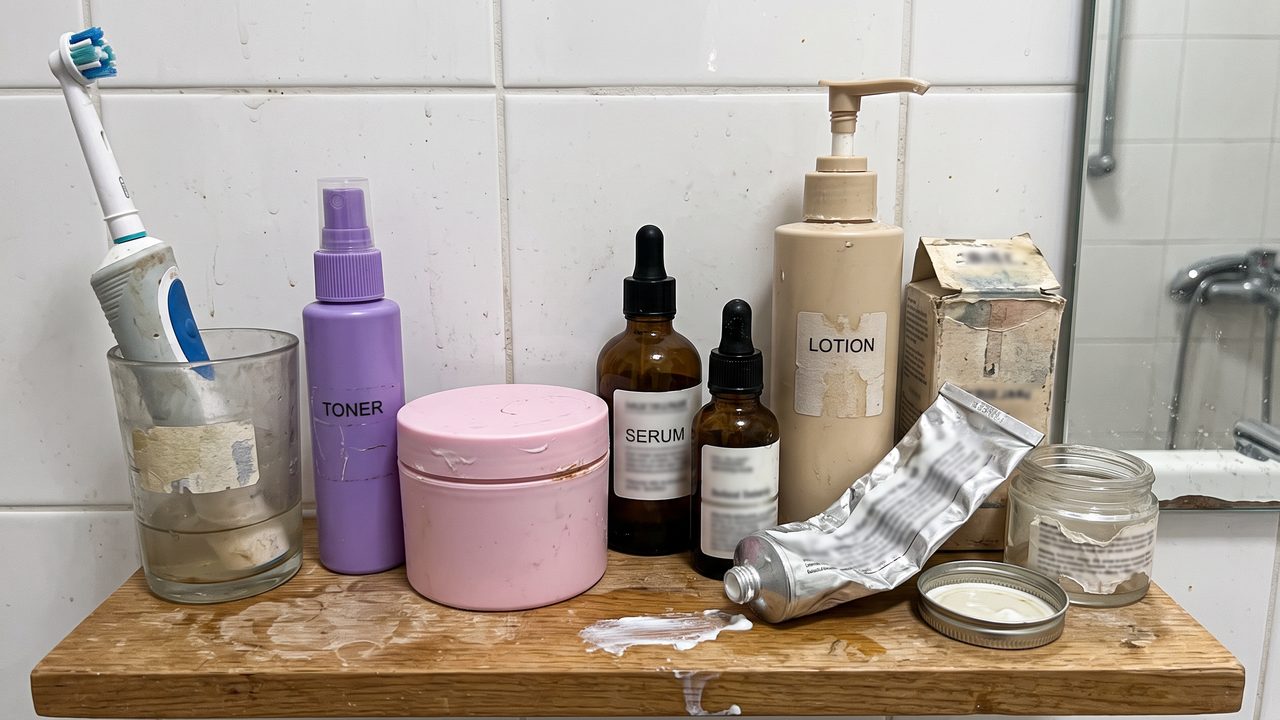 Several unlabelled skincare bottles on a bathroom shelf in flat daylight