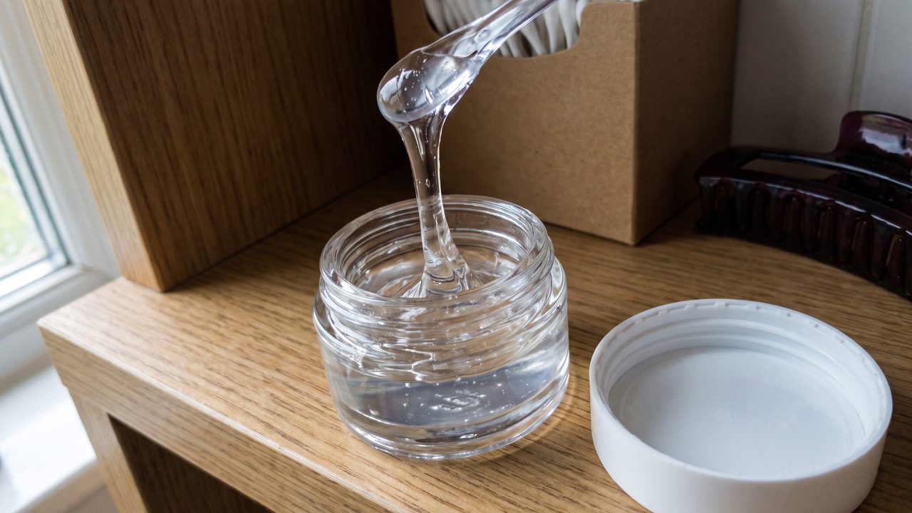 A small open glass jar of clear gel with a spatula lifting a glossy string of it on a bathroom shelf