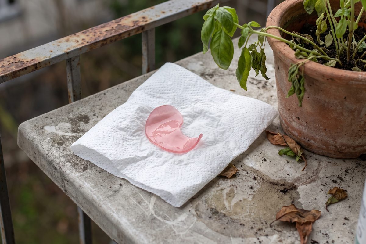 A used hydrogel eye patch curling at the edges on a paper towel on a balcony table