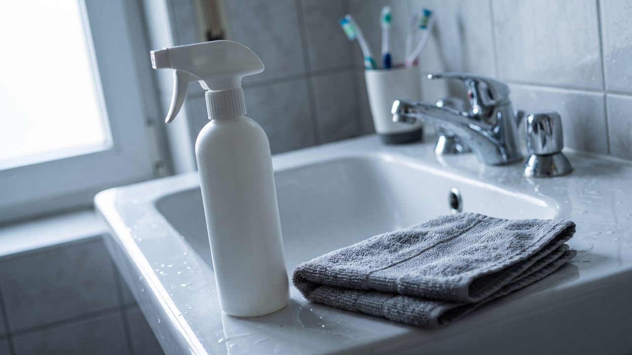A plain white spray bottle standing on the wet edge of a bathroom sink next to a folded face towel in morning light