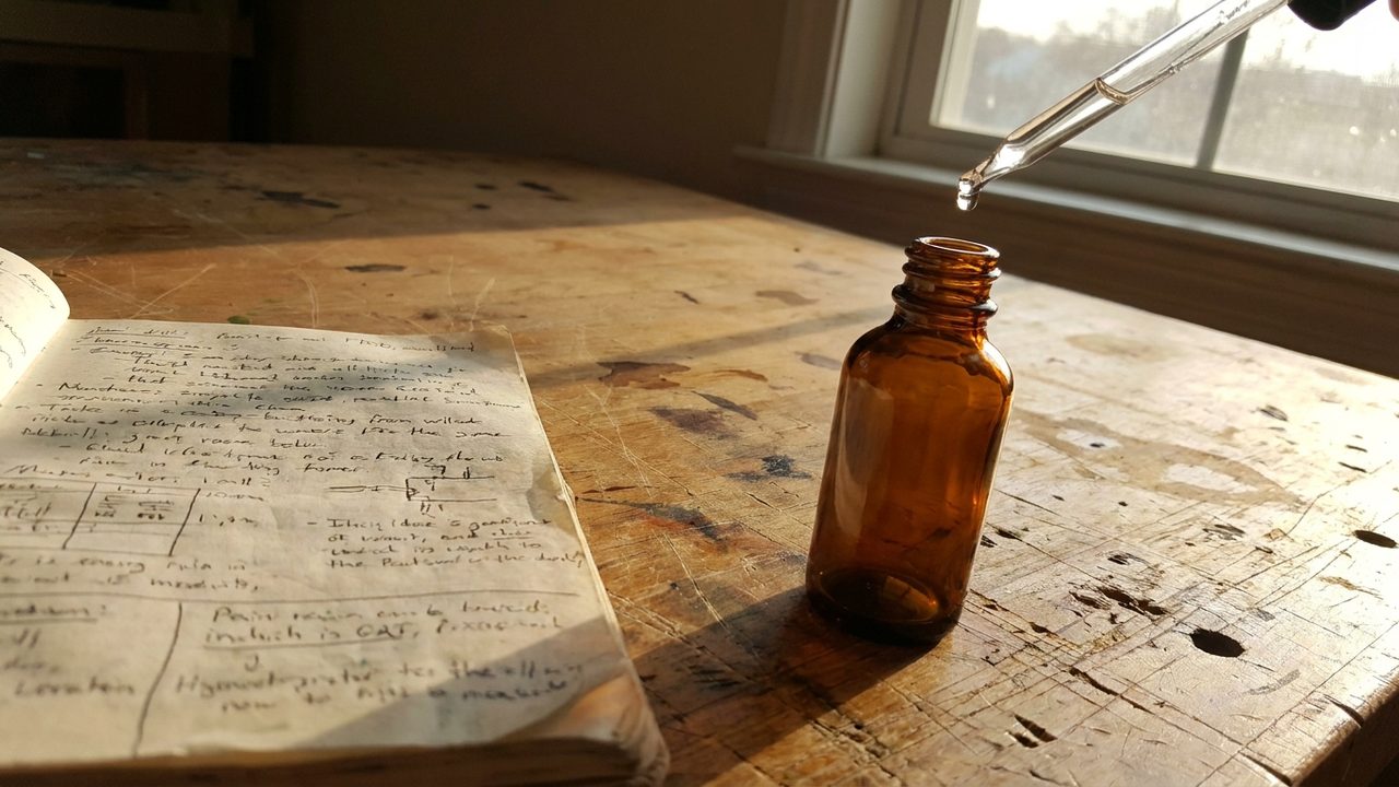 A pipette above an unlabelled amber bottle on a worn work table