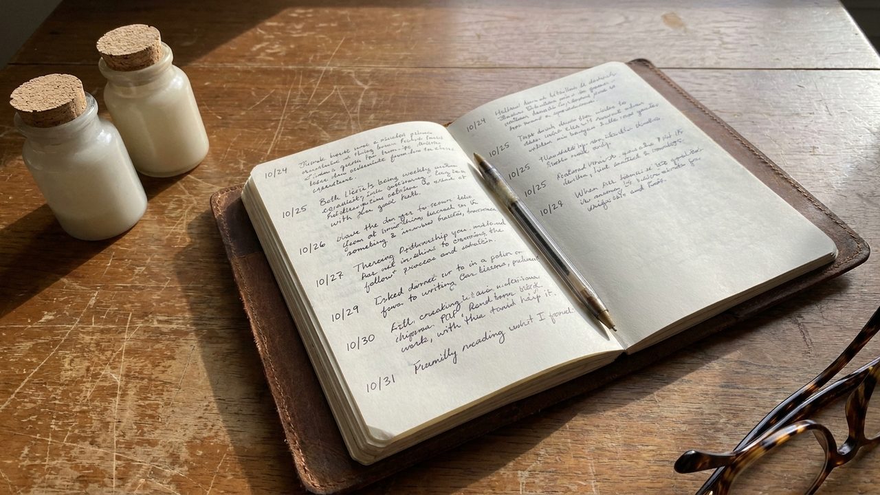 An open handwritten notebook beside two unlabelled jars on a work table