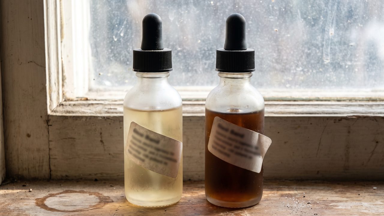 Two unlabelled dropper bottles side by side, one visibly darker than the other