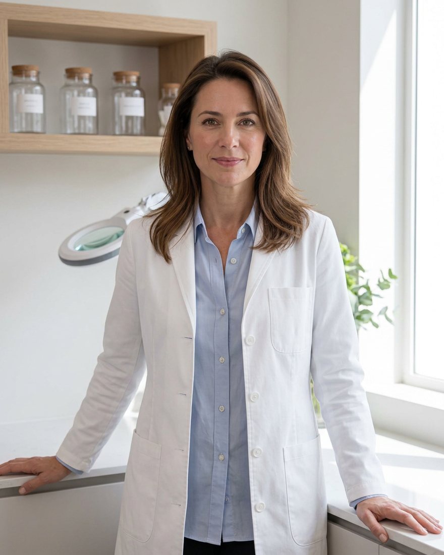 Jessica Hartwell in a white lab coat in a bright consultation room